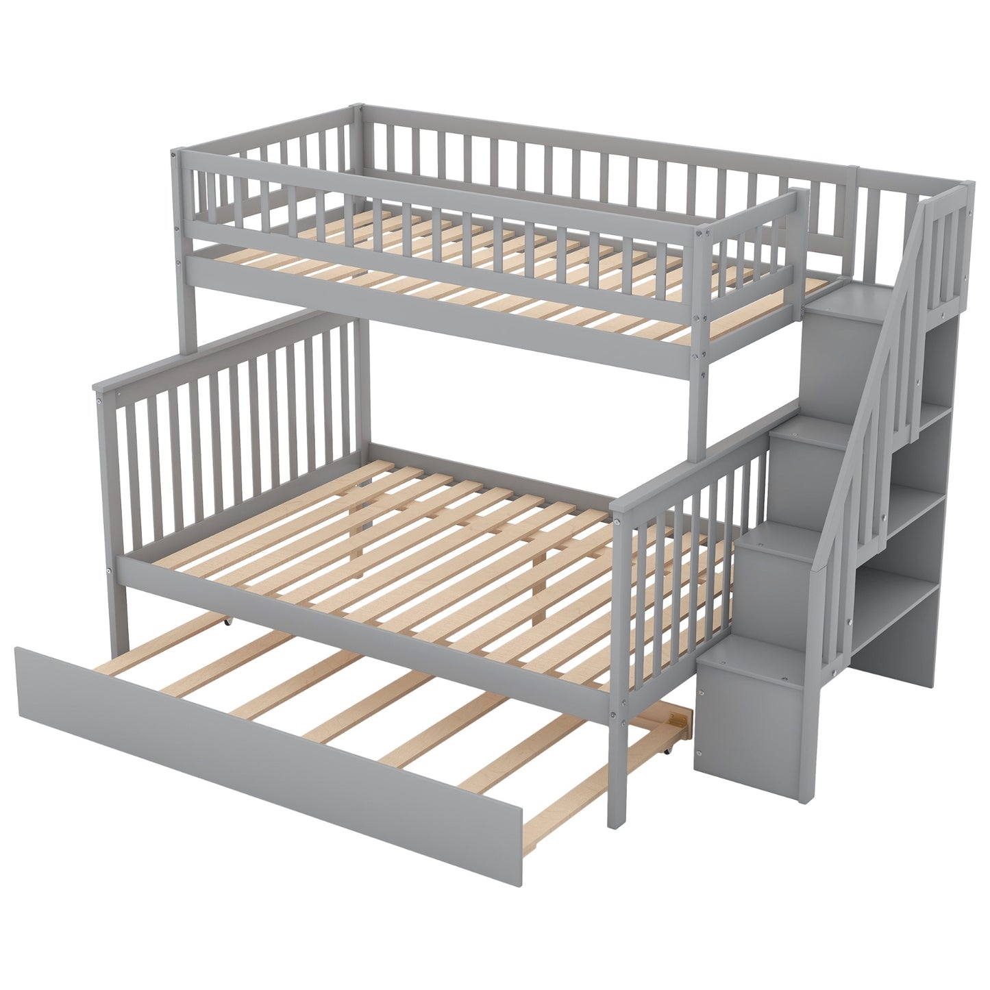 US Local Twin Over Full Bunk Bed With Trundle And Staircase,Gray