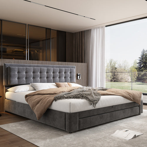 UK Local Upholstered Bed,Super King Size Bed-6ft180x200cm, Velvet Fabric, Double Bed, Large Storage Space,With Slats And Headboard,Without Mattress,Grey