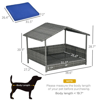 US Local PawHut Wicker Dog House Outdoor With Canopy, Rattan Dog Bed With Water-resistant Cushion, For Small And Medium Dogs, Dark Blue