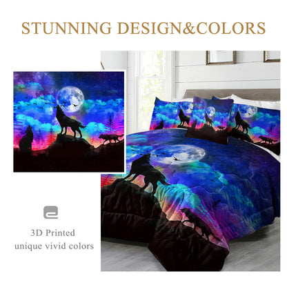 US Local Galaxy Comforter Set Men 3D Wolf Bed Comforter Set 4 Piece Wolves Howling Bedding For Boys Retro Oil Painting Design Purple Blue And Black Bedding Set Queen King Size