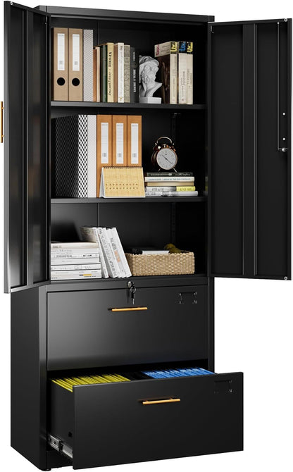 US Local 2 Drawer Lateral File Cabinet With Lock, Metal Filing Storage Cabinet With Locking Doors And 2 Adjustable Shelves For Home, Office, School, Fits A4 Letter Legal Size Folders, Assembly Required