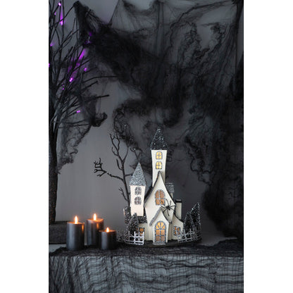 US Local 10x8.3x13.5 Cardboard Lighted Haunted House, Black Beige Tabletop Holiday Halloween Decor, Battery Powered