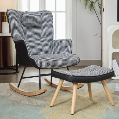 UK Local Rocking Chairs For Adults, Fabric Rocking Chair Relaxing Recliner Chair With Solid Wood Legs High Back Lounge Chairs For Balcony Living Room Bedroom