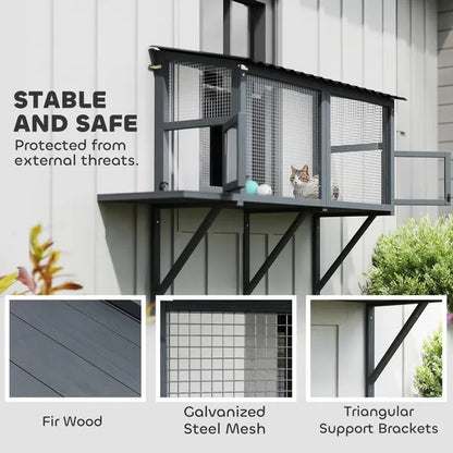 US Local Wooden Cat Catio, Outdoor Cat Enclosure Window Perch With Jumping Platform