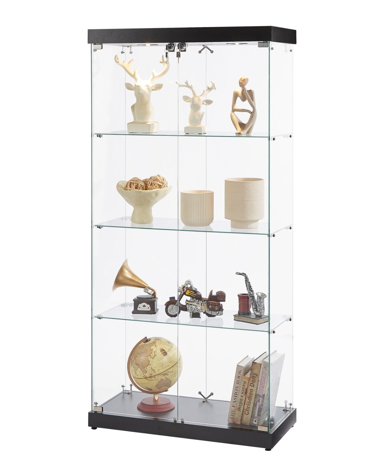 US Local 4-Tier Glass Display Cabinet, Double Door Glass Cabinet, Four Partitions, Two Locks, Floor Standing