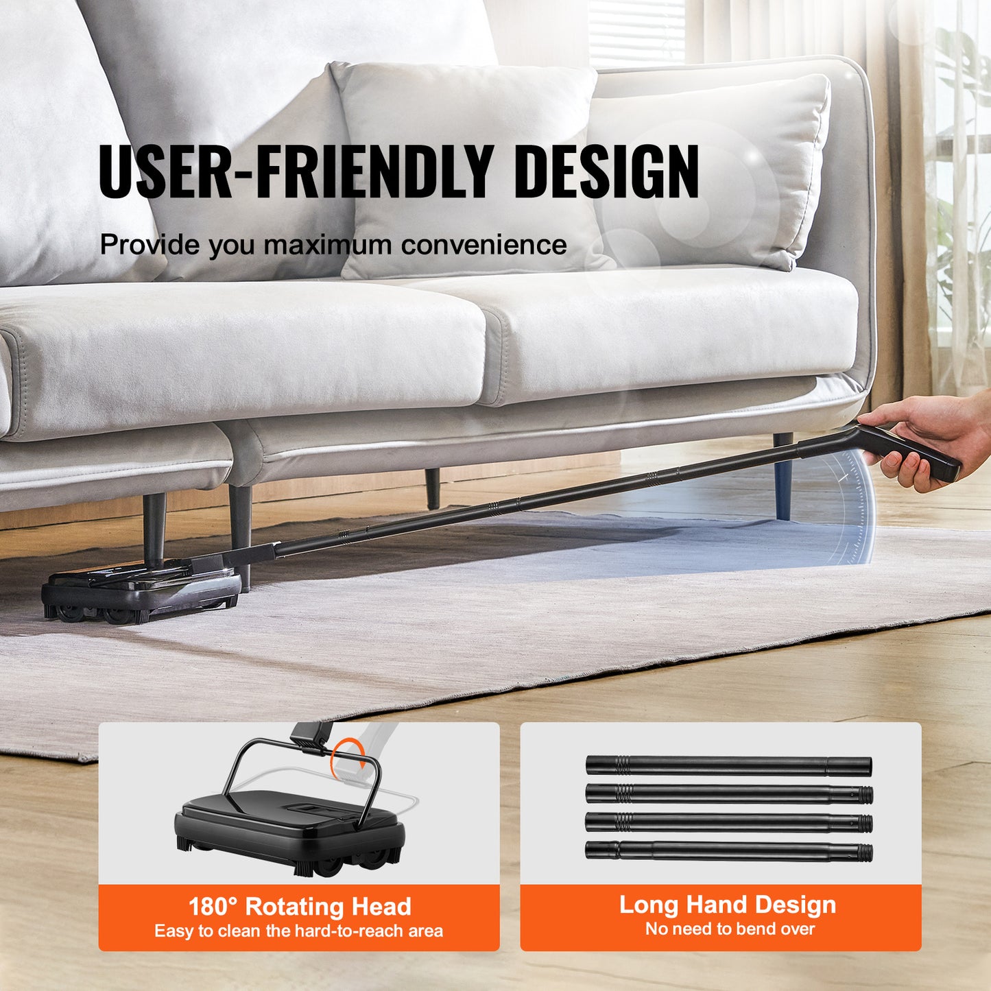 US Local VEVOR Carpet Sweeper, 7.87 In Sweeping Paths, Floor Sweeper Manual Non Electric, 300 Ml Dustbin Capacity With Comb For Home Office Rugs Hardwood Surfaces Wood Floors Laminate, Cleans Dust Pet Hair