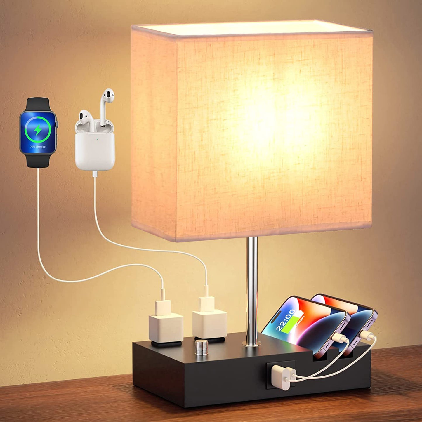 US Local 1Pc Fully Dimmable Table Lamp For Bedroom Living Room Bedside Lamp For Nightstand Dual USB Ports 2 Power Outlets LED Bulb Included
