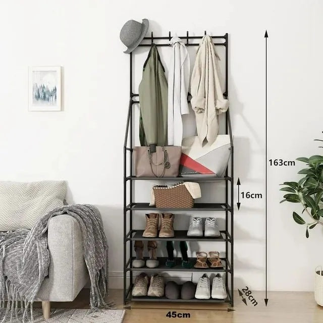 US Local 5-Tier Shoe Rack Shoe Storage For Entryway,Narrow Shoe Rack,Coat And Shoe Rack With 8 Hooks