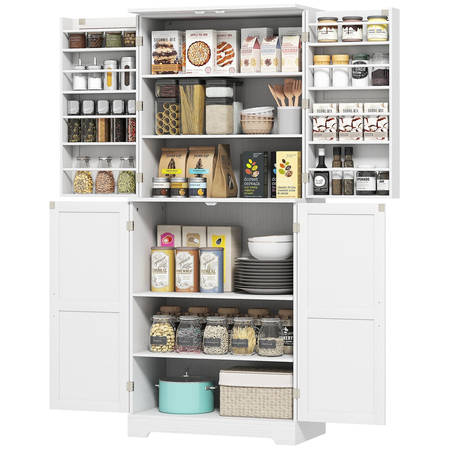 US Local Farmhouse Kitchen Pantry, 72 Tall Pantry Cabinet With 4 Barn Doors, 4 Adjustable Shelves And 8 Door Shelves, White