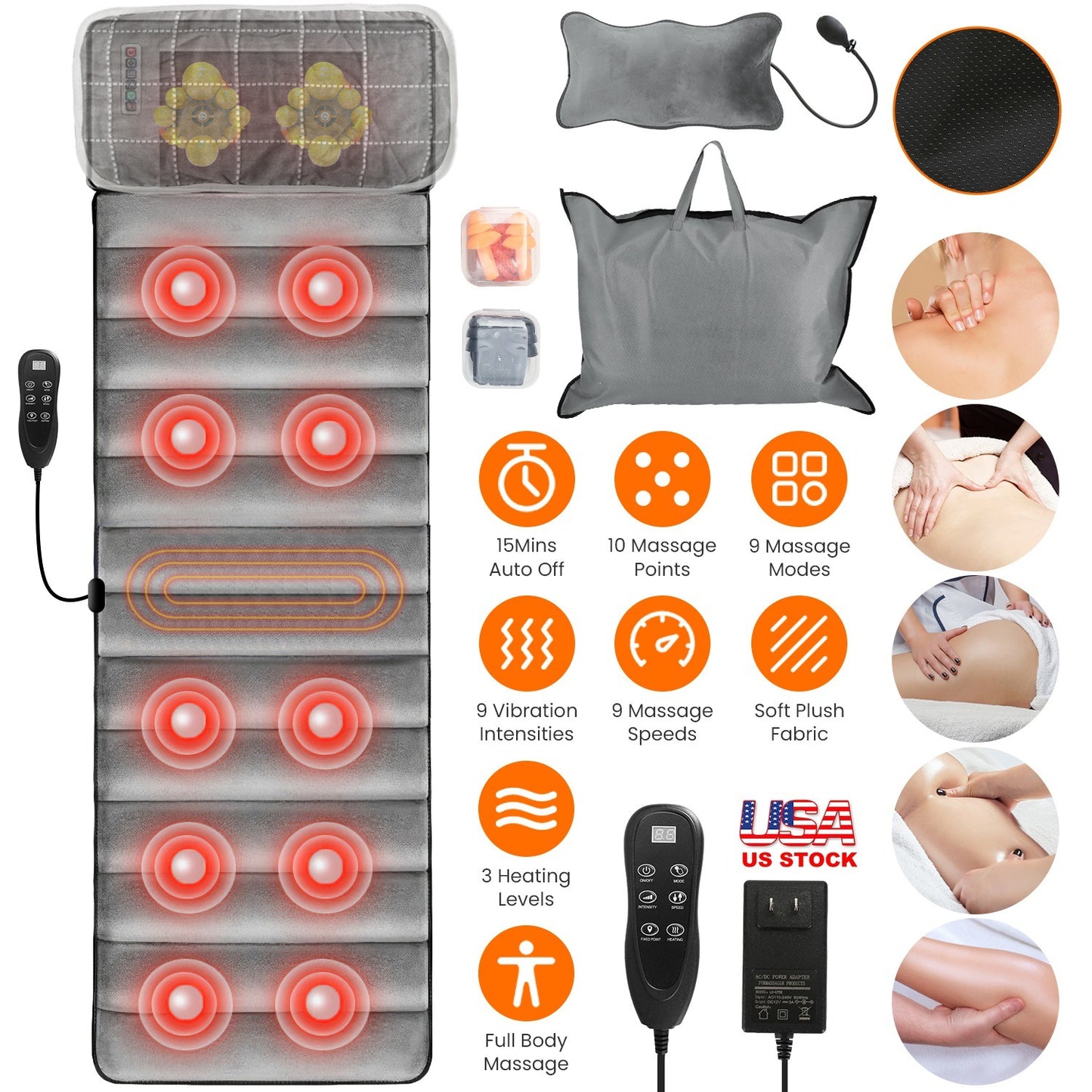US Local 1 Set Upgrade Type Full Body Electric Massage Mat With Heat Vibration Massage Pad Cushion Back Massage Mattress Chair Pad With Neck Massage Pillow With 10 Vibration Motors Timer