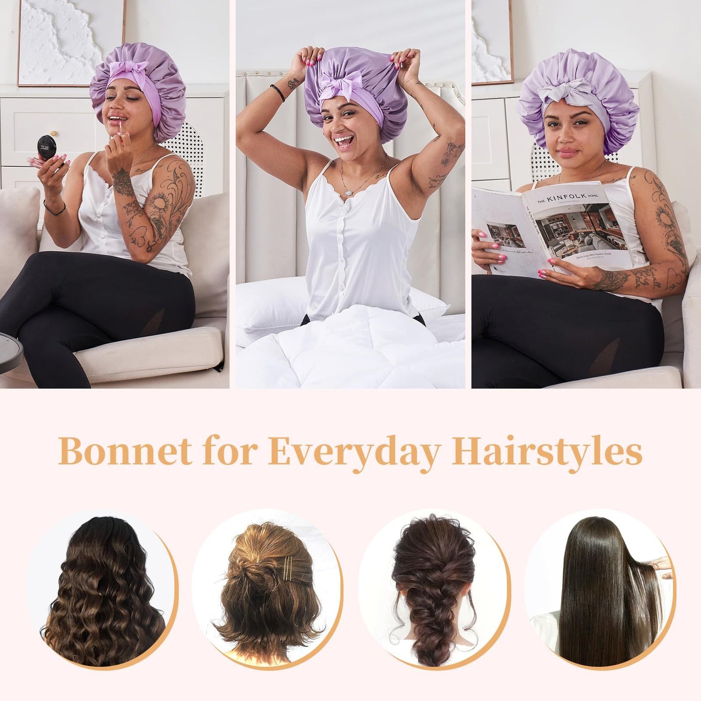 US Local Silk Bonnet For Sleeping Women, Satin Hair Bonnet For Sleeping For Wavy Curly Natural Hair Women Men