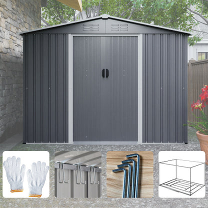 US Local 8x6 FT Outdoor Tool Storage Shed With Metal Foundation & Lockable Doors, All Weather Metal Sheds For Garden, Patio, Backyard, Lawn, Gray