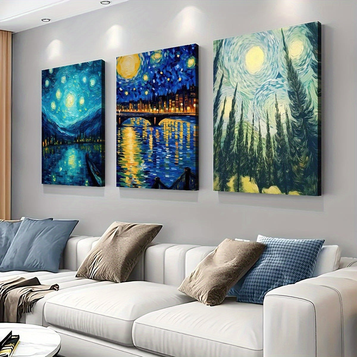 US Local 3-piece Starry Sky Canvas Wall Art Set, Abstract Blue Night Sky Landscape Prints, Wrapped Pine Frames, Classic Decorative Art Style, Modern Indoor Outdoor Wall Hanging Decor, Suitable For Living Room