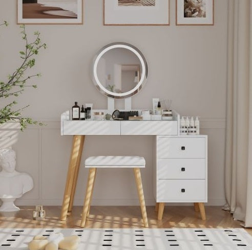 US Local Dressing Table With LED Lights Glass Top Dressing Table With Extendable Side Table 5 Drawers Dressing Table With Mirror And Stool For Bedroom