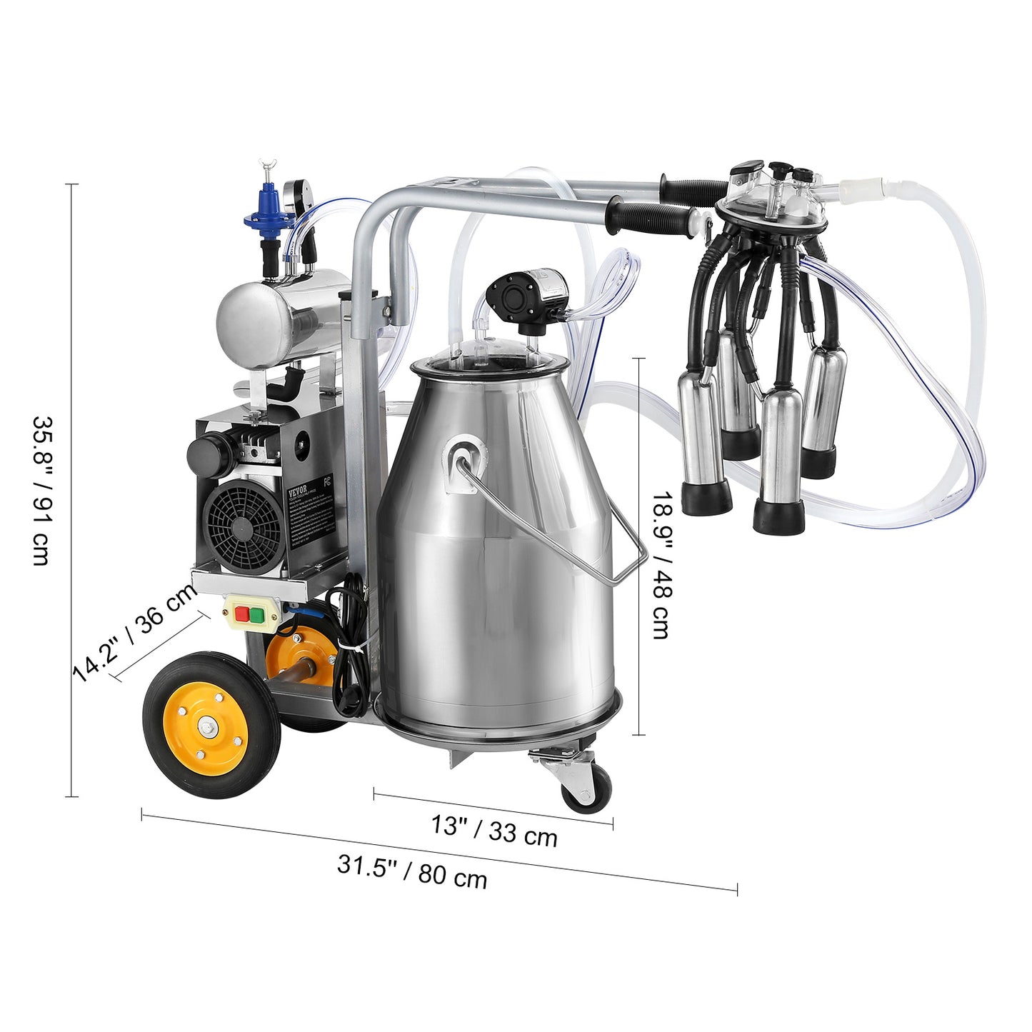 VEVOR Electric Cow Milking Machine, 6.6 Gal 25 L 304 Stainless Steel Bucket, Automatic Pulsation Vacuum Milker, Portable Milker With Food-grade Silicone Cups And Tubes, Adjustable Pressure