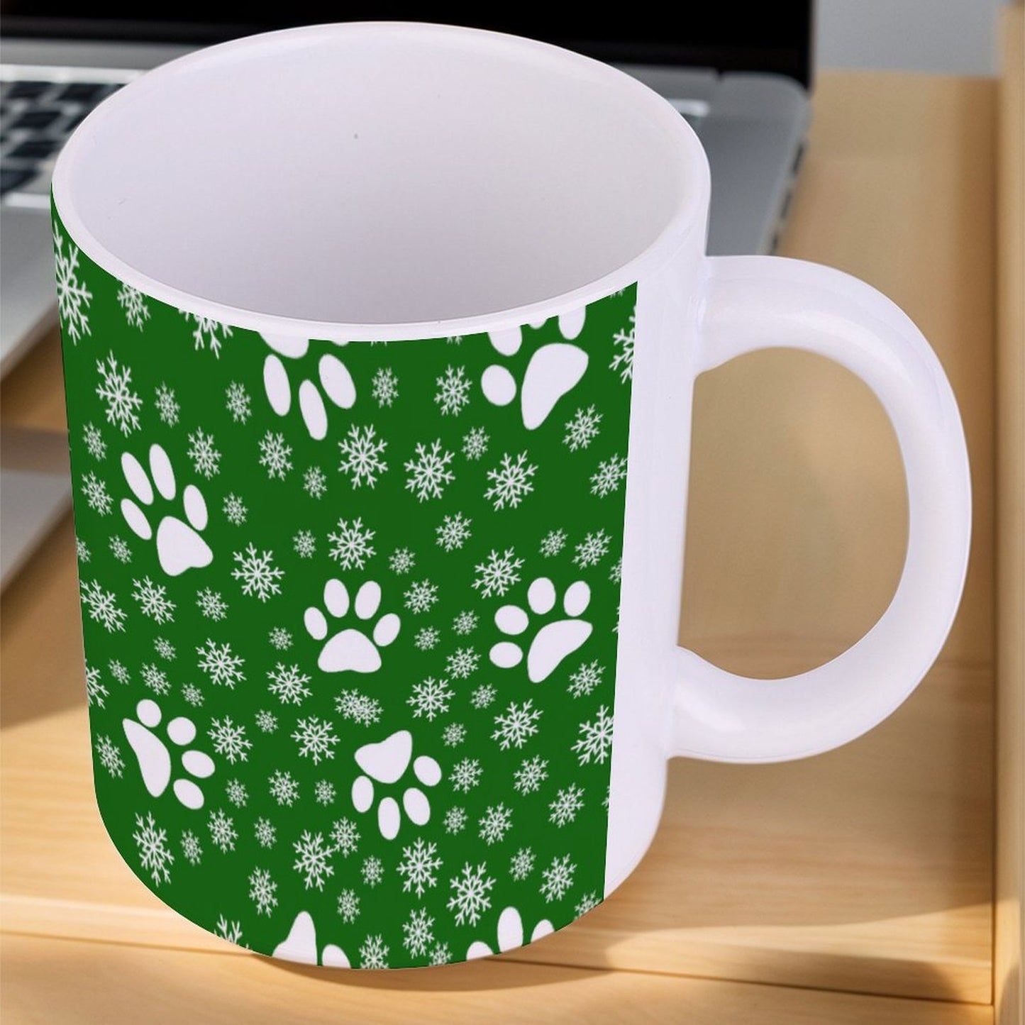 POD US Local White mug with full print, Christmas Snowflakes Cats Dogs Paws Green 0028