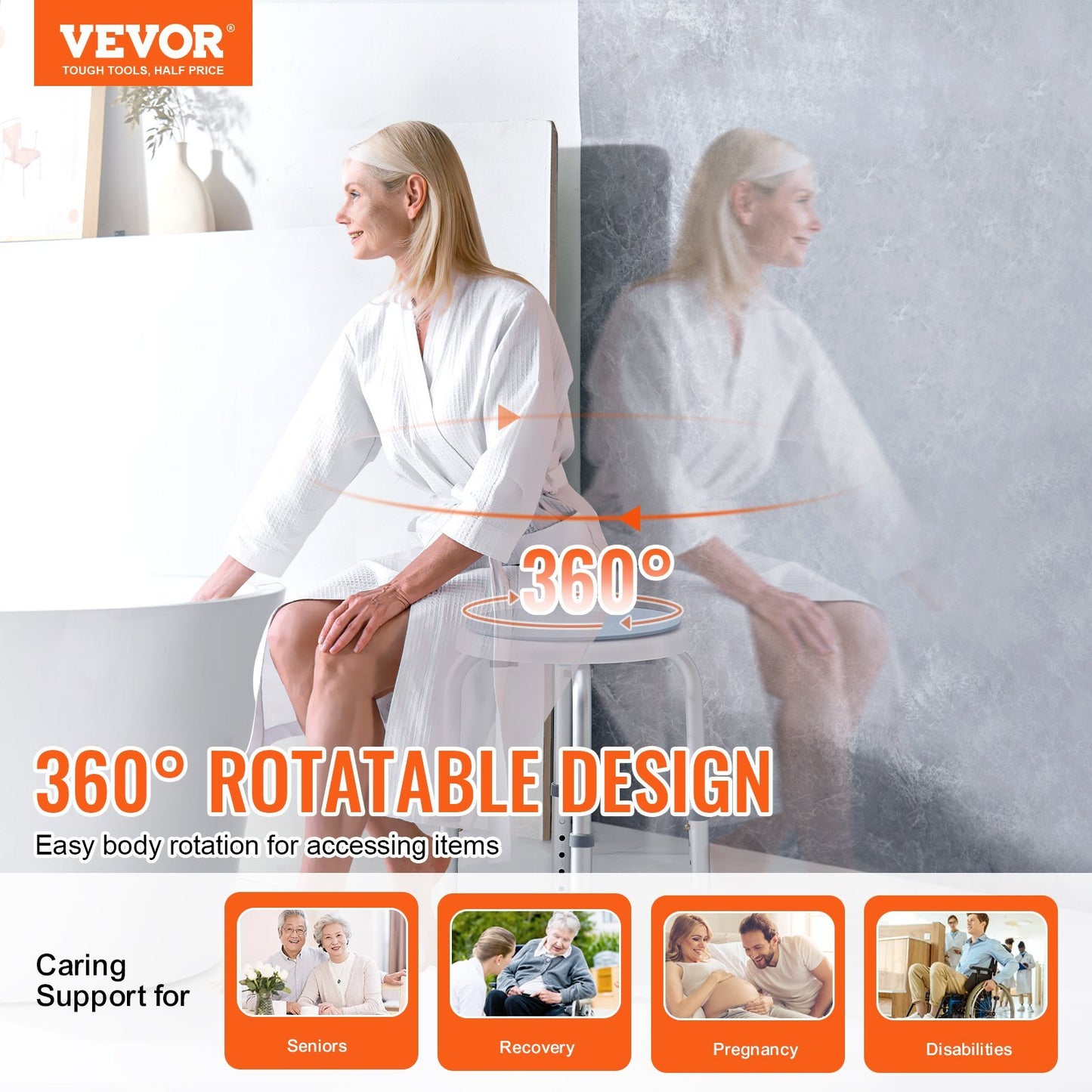US Local VEVOR Shower Chair For Inside Shower, 360 Degree Swivel Shower Seat, Adjustable Height Shower Stool, Non-Slip Bench Bathtub Seat Stool For Elderly Disabled Adults Handicap, 300 Lbs Capacity