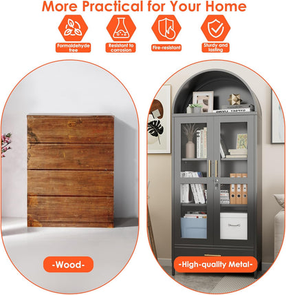 US Local Metal Arched Display Cabinet With Lock, Modern Arch Kitchen Pantry Storage Cabinet With Glass Doors 1 Drawer For Living Room, Bookshelf, Assembly Required Black