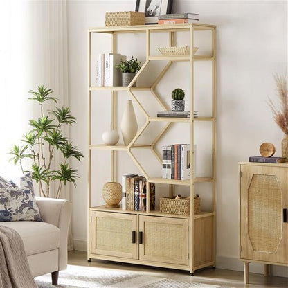 US Local Bookshelves In Rattan, 7-tier Bookcase Storage Shelves For Living Room, Home Office, Natural Color