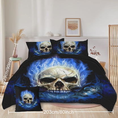 US Local 4 Piece Blue Fire Skull Comforter Set, 3D Skeleton Printed Bedding With 1 Comforter, 2 Shams, 1 Cushion Cover, Black Queen Size