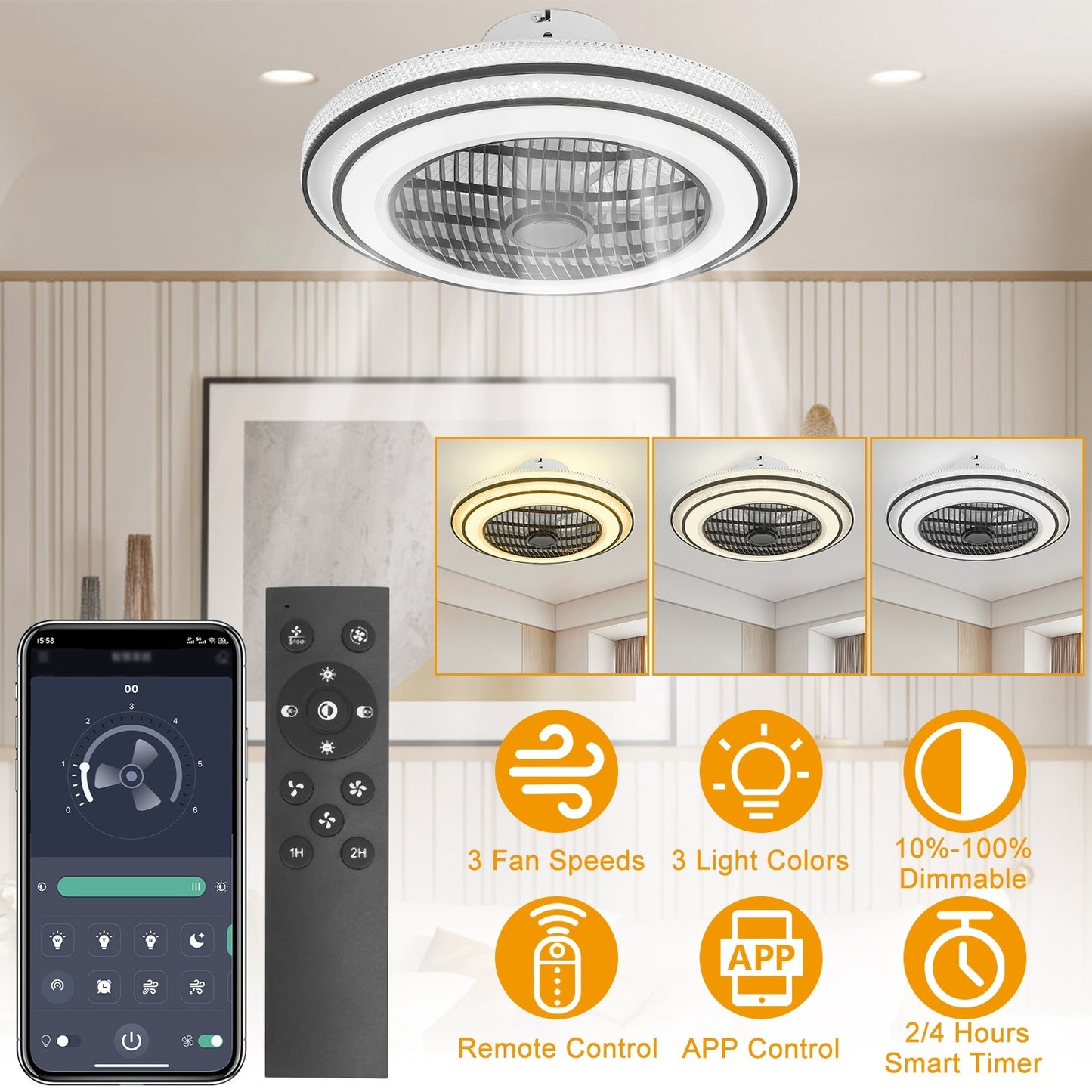 US Local 20.5in Ceiling Fan With Light Round Pendant Fan Lamp 30W LED Ceiling Fan With 3-Fan Speed Remote Control Timer APP Control