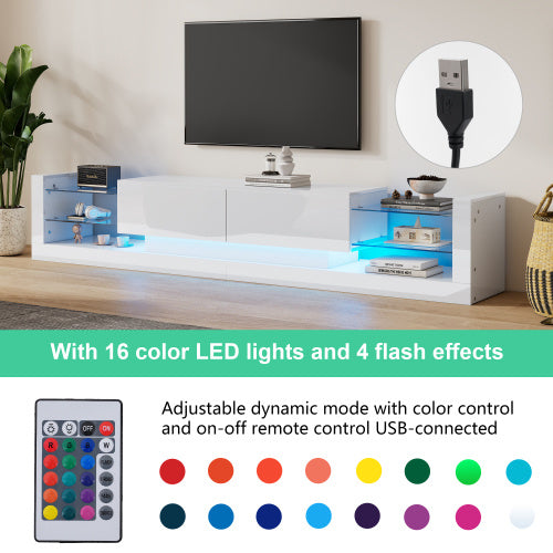 UK Local Open Glass Storage TV Stand With LED Lights For TV Cabinets Up To 75 Inches High Gloss Panel, Modern Minimalist Style Media Entertainment Center Console Cabinet Table With 2 Closed Sliding Door, White
