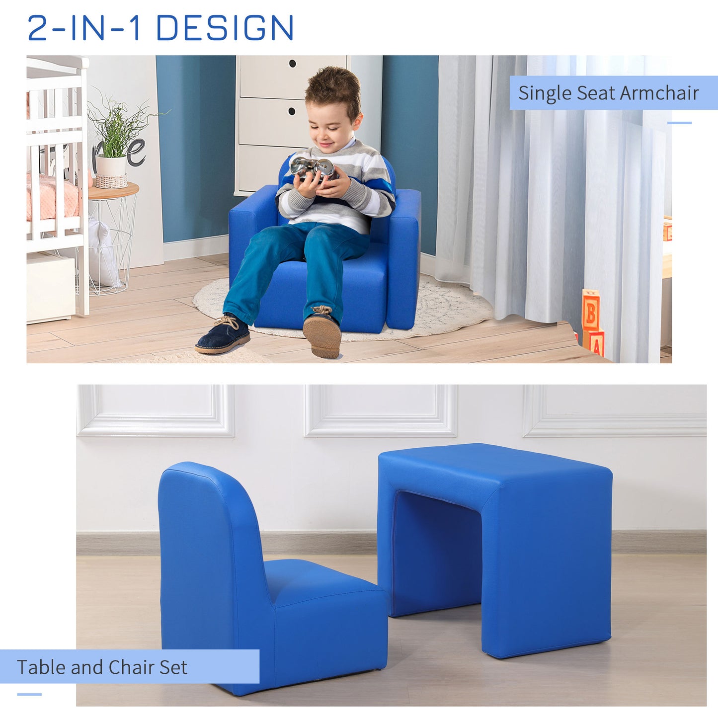 US Local Blue 2-in-1 Kids Sofa And Table Chair Set Convertible Toddler Lounge Multifunctional Armrest Chair For Play