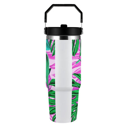 POD US Local Tumbler 30oz Large Capacity Car Cup Tropical, Monstera, Pink Background Style