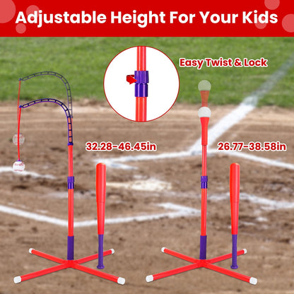 US Local 1Set 3 In 1 Baseball Toy Set For 3 To 5Years Old Kids And Toddlers Includes Tee Ball Stand Hanging Tee Automatic Ball Launcher With Adjustable Height For Indoor Outdoor Play Perfect Gift
