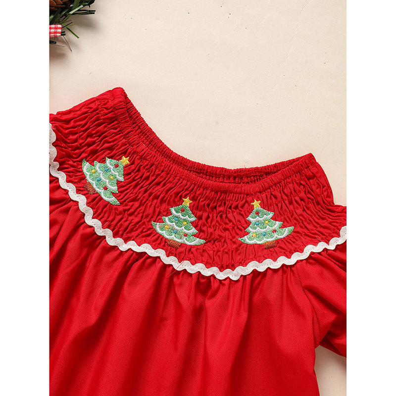 US Local Toddler Infant Girl Christmas Dress Smocked Christmas Tree Embroidery Short Sleeve Princess Party Dress