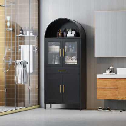 US Local 73 Inch Metal Tall Arched Display Cabinet, Metal Arched Bookshelf With Doors,Shelves,Drawers, Modern Freestanding Bookcase For Home Office Bar Living Room ,Black