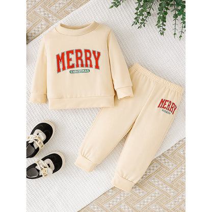 US Local Baby Girls 2Pcs Christmas Outfits MERRY Christmas Letter Print Round Neck Long Sleeve Sweatshirt & Pants Set