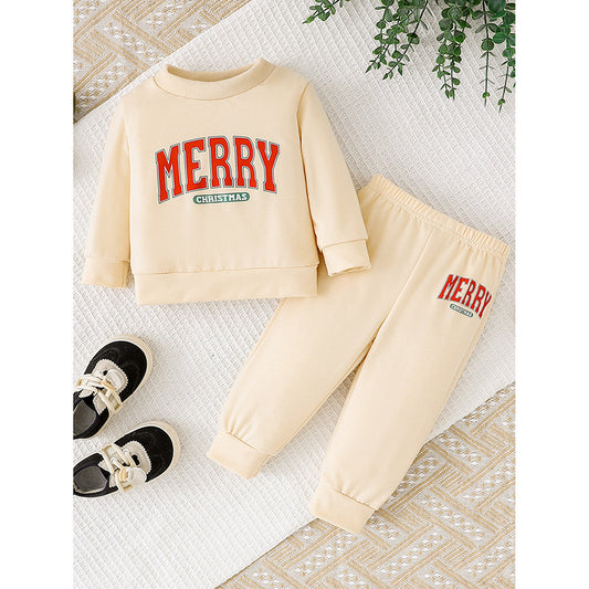 US Local Baby Girls 2Pcs Christmas Outfits MERRY Christmas Letter Print Round Neck Long Sleeve Sweatshirt & Pants Set