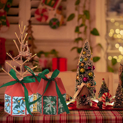 US Local 20PCS Christmas Treat Boxes With Ribbons Paper Christmas Tree Bells Pattern Goodie Box Retro Candy Bakery Box For Christmas Party Favors Wrapping Supplies