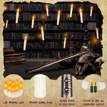 US Local 12Pcs Flameless Floating Candles LED Magic Hanging Candle Light Battery Operated Flickering Warm Light Window Candle With Magic Wand Remote For Halloween Christmas Party