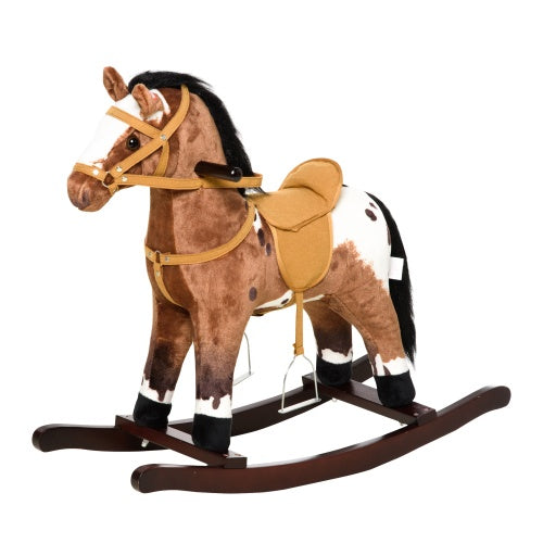 US Local Qaba Kids Metal Plush Ride-On Rocking Horse Chair Toy With Realistic Sounds - Dark Brown White