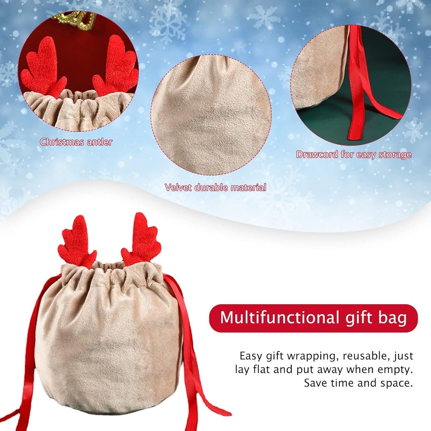 US Local 5 Pcs Christmas Velvet Drawstring Candy Gift Bags With Antlers 2 Styles Mini Xmas Present Pouch 7x5 Inch Santa Gift Wrapping Bags