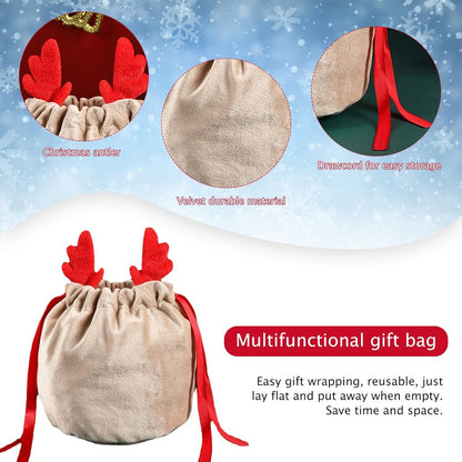 US Local 5 Pcs Christmas Velvet Drawstring Candy Gift Bags With Antlers 2 Styles Mini Xmas Present Pouch 7x5 Inch Santa Gift Wrapping Bags