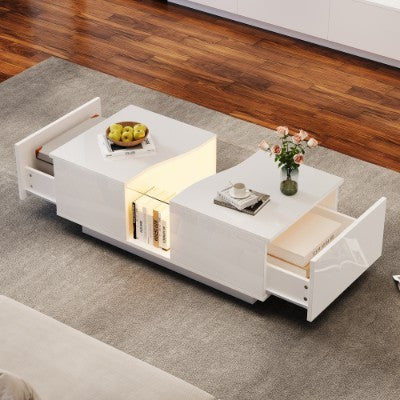 UK Local Led Coffee Table With 2 Drawer Storage, High Gloss Coffee Table For Living Room Unique Shape Centre Table With 16-Color Led Lights,End Table For Home Office Furniture, White