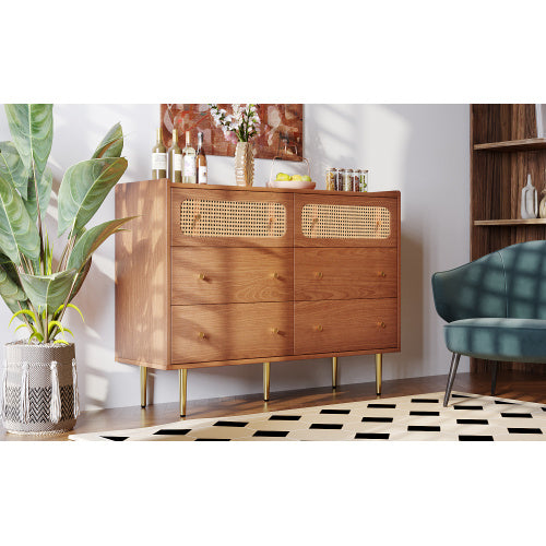 UK Local Rattan Sideboard Cabinet For Living Room, Chest Of Drawers With 6 Drawers, Walnut -40D X 120W X 90H Centimetres