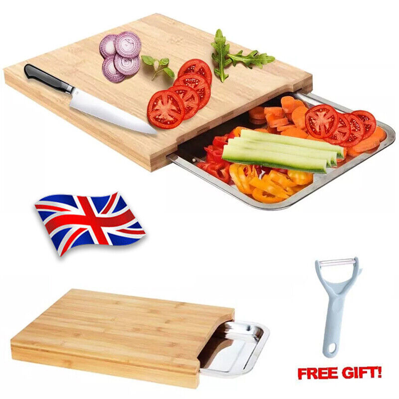 UK Local Bamboo Wooden Chopping Board Cutting Slicing  Sliding Stainless Steel Tray