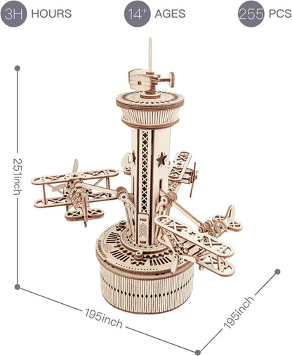US Local Robotime Rokr 3D Wooden Puzzles For Adults DIY Musical Box Model Kit To Build Self-Assembly Building Kit Airplane- Control Tower
