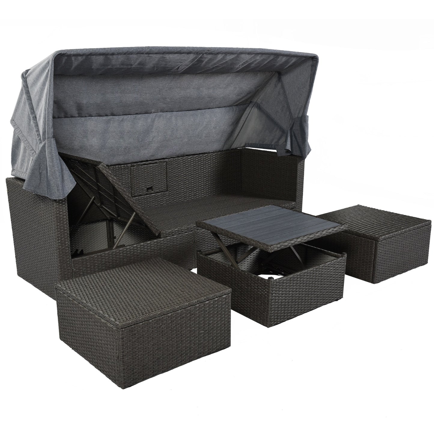 US Local U Style Patio Rectangle Daybed With Canopy, Wicker Sectional Seating