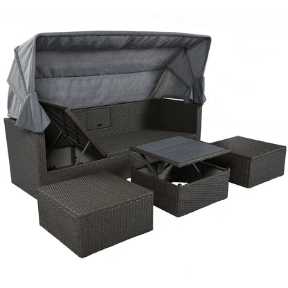 US Local U Style Patio Rectangle Daybed With Canopy, Wicker Sectional Seating