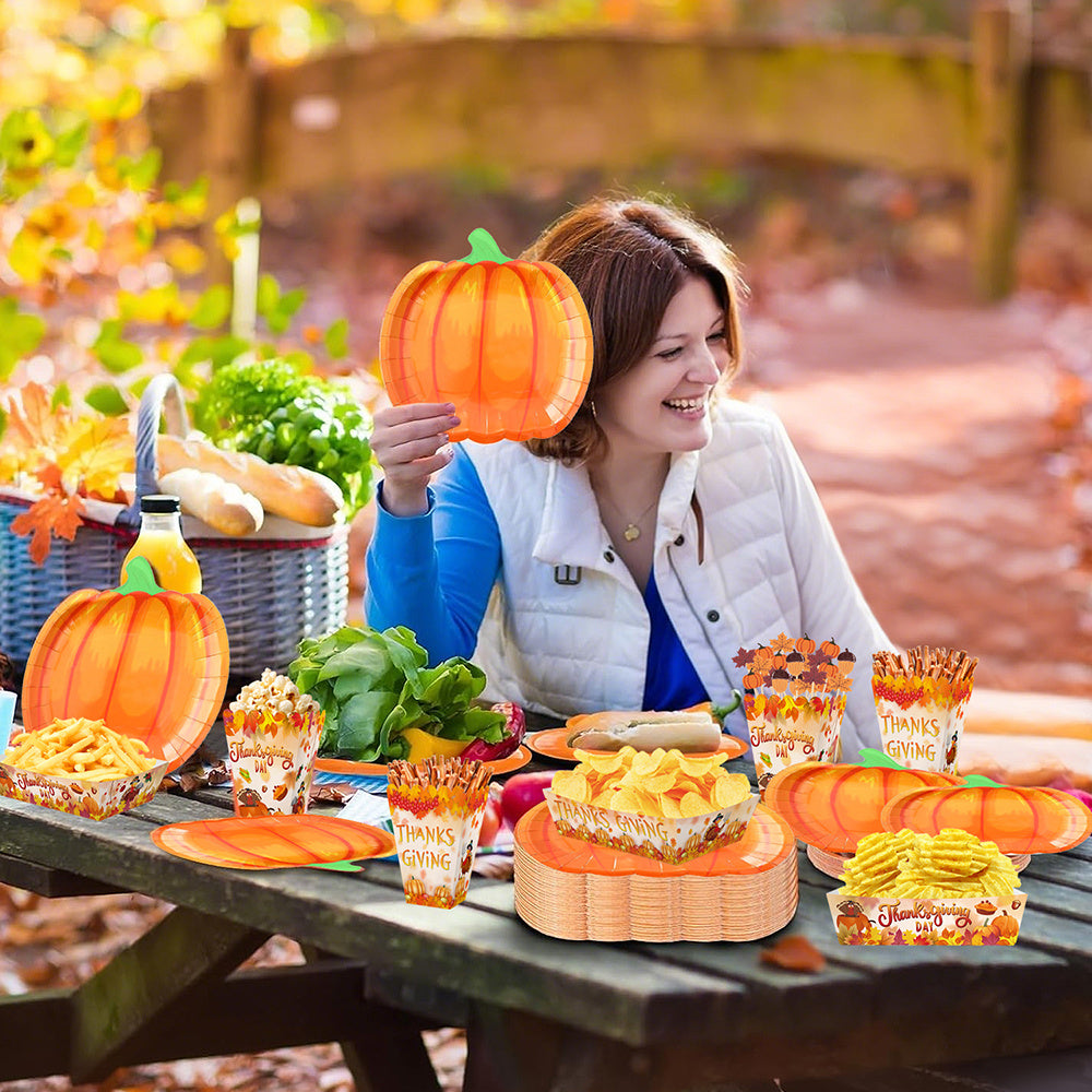 134 Pcs Thanksgiving Party Tableware Set Include Pumpkin Paper Plates Popcorn Boxes Food Trays With Fall Cocktail Picks Disposable Fall Harvest Dinnerware Set For Autumn Holiday Thanksgiving