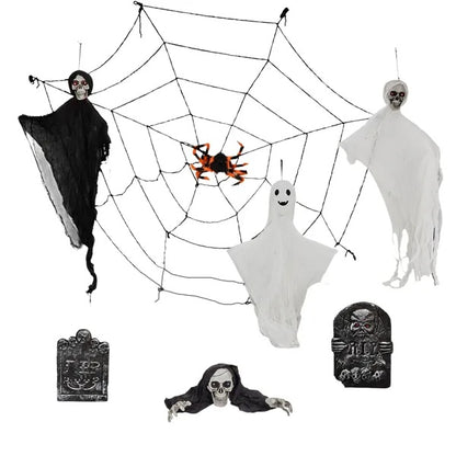 US Local Outdoor Halloween Decorations 8-Piece Set, Hanging Ghosts Decor And Cobweb And Gravestone With Lighted Up Eyes, Scary Swinging Ghost Flying For Yard Patio Lawn Garden