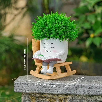 US Local 2 Pieces Of Cute Character Reading Rocking Chair Resin Flower Pots Indoor And Outdoor Plant Decoration Vase Home Flower Gift