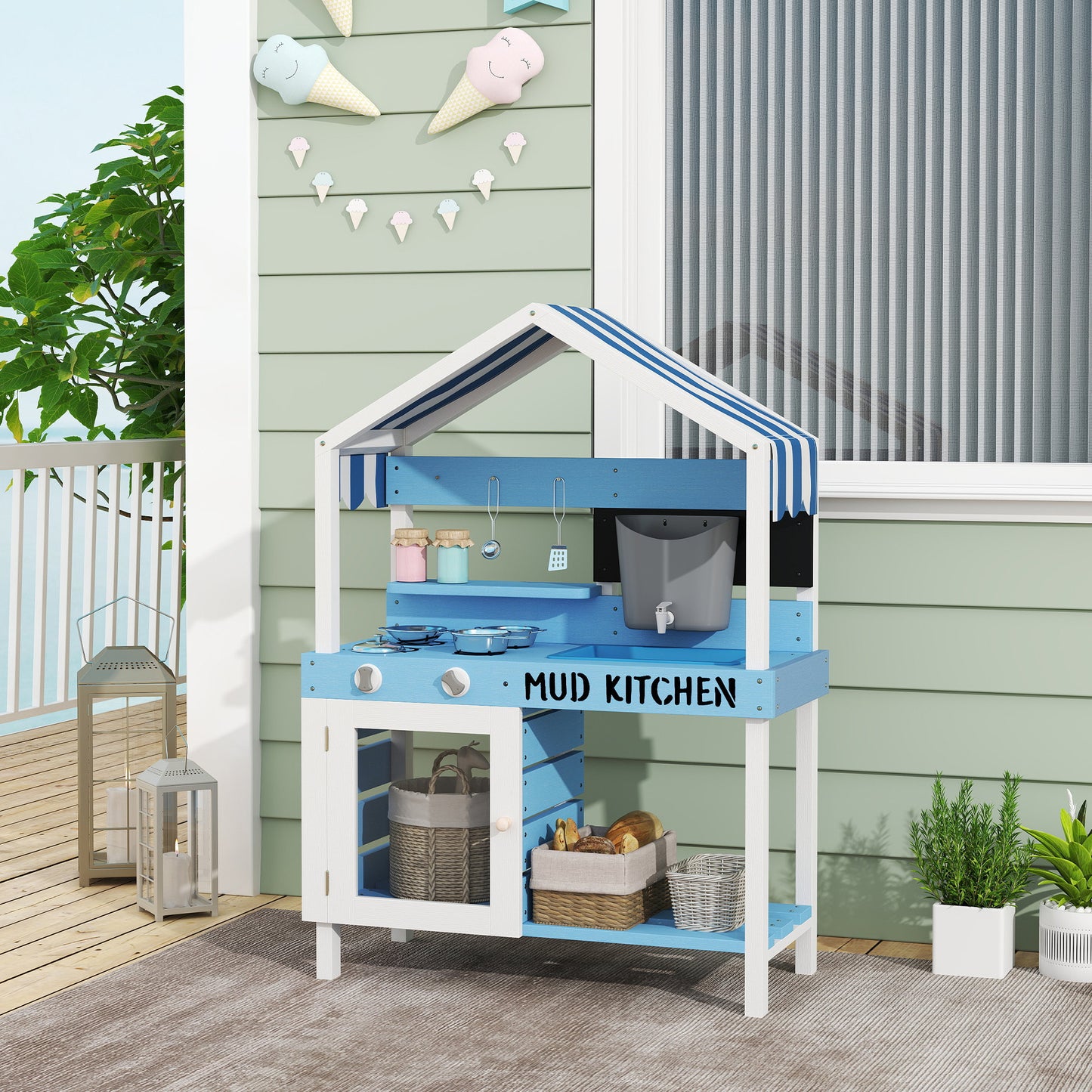 US Local Wooden Mud Kitchen For Kids Outdoor With Sink, Faucet, Water Tank, Storage Shelves, Accessories For Boys And Girls, Blue