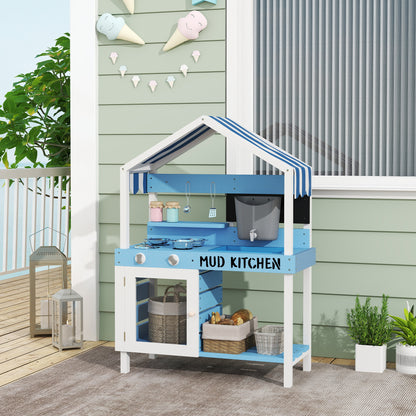 US Local Wooden Mud Kitchen For Kids Outdoor With Sink, Faucet, Water Tank, Storage Shelves, Accessories For Boys And Girls, Blue