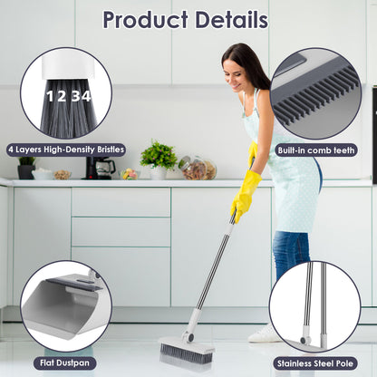 US Local 1Set Broom And Dustpan Combo Set With Squeegee Stainless Steel Handle 4 In 1 Upright Standing Broom And Dust Pan For Indoor Outdoor Garage Kitchen Room Office Sweeping
